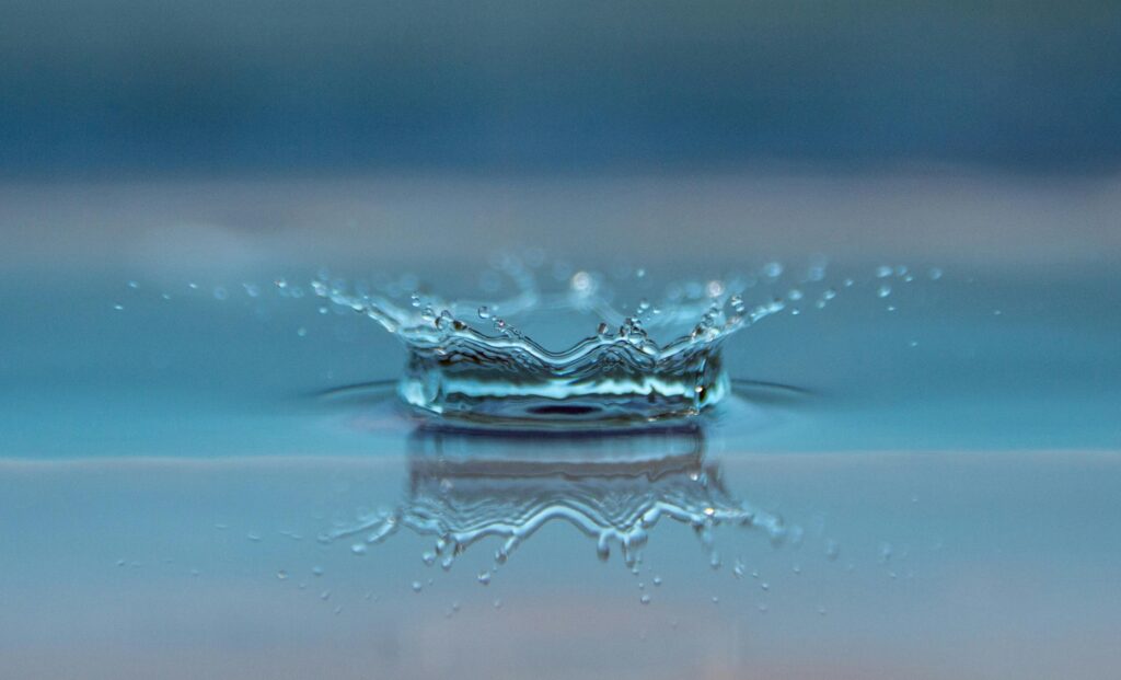 Macro shot of a water droplet creating a ripple effect on the water surface.