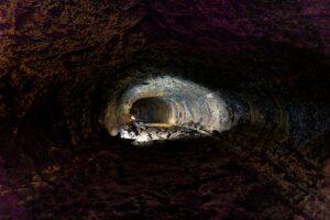 Explore the depths of a cave tunnel with dramatic lighting and intricate textures.